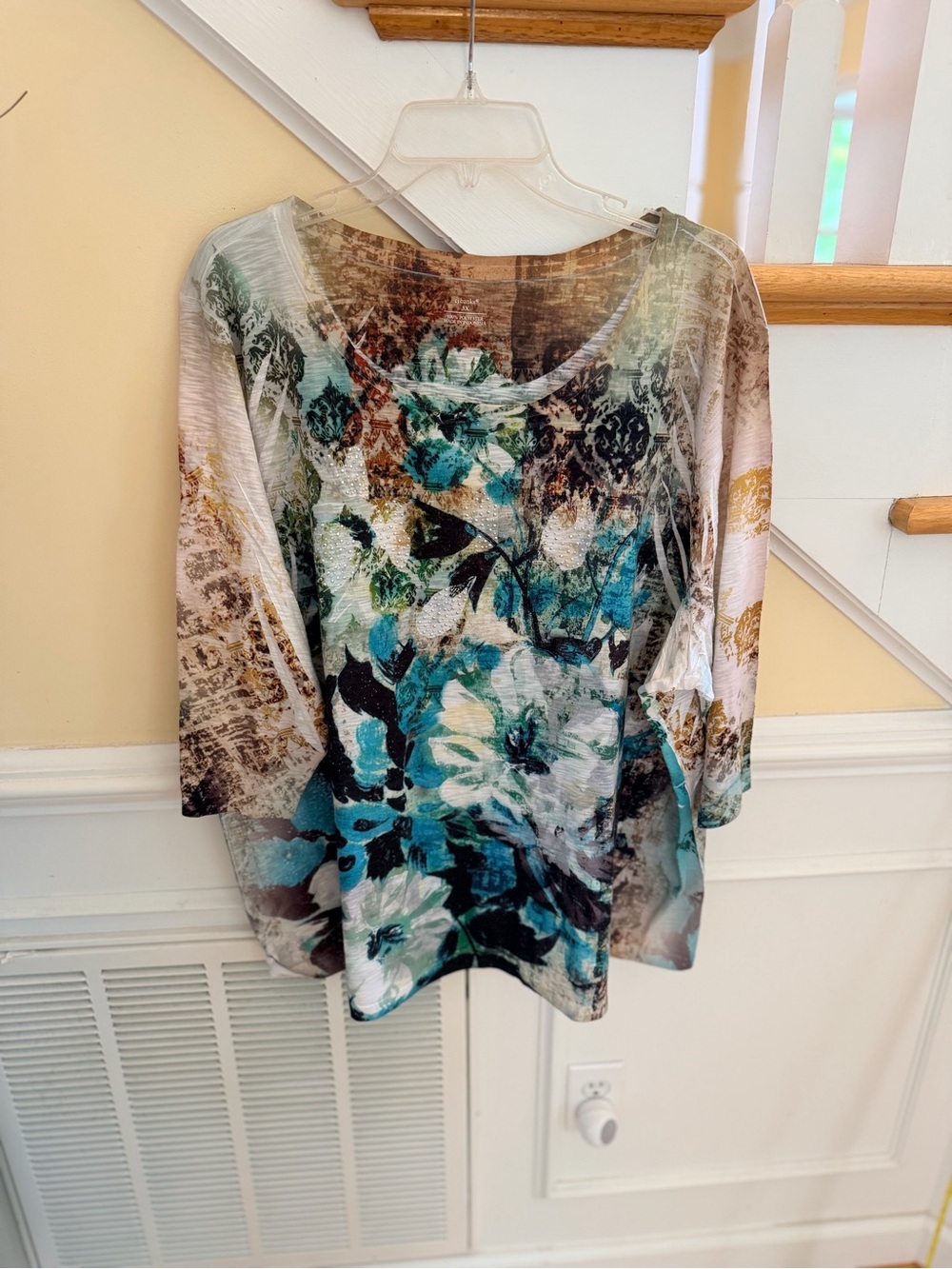 Women's Size 3X CJ Banks Floral Tunic Top in Teal and Brown lightweight GUC